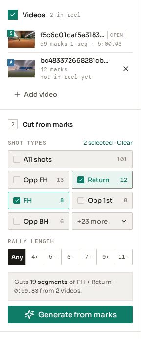 The cut panel of the highlight editor. FH with 8 marks and Return with 12 marks are selected, and the line below says "Cuts 19 segments of FH + Return, 0:59.83 from 2 videos".
