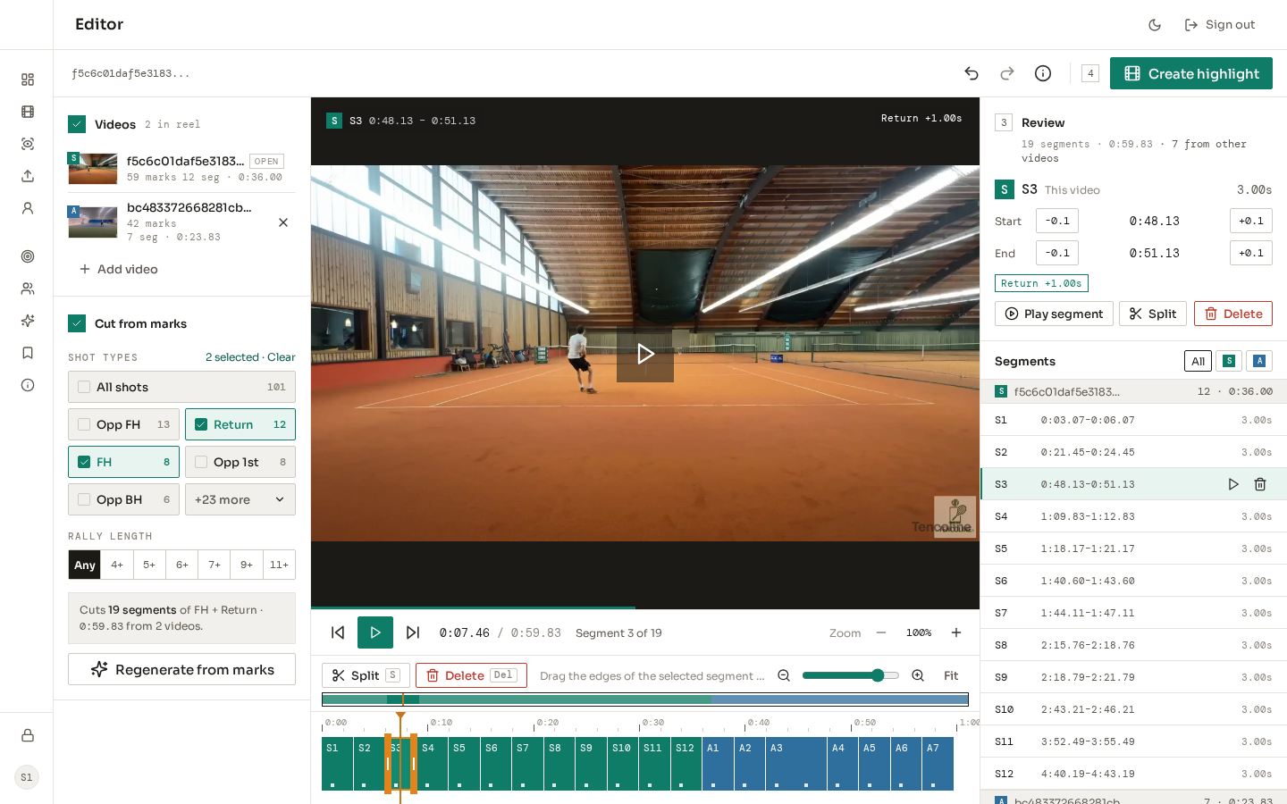 The highlight editor after the cut. The timeline holds 12 green segments of the first match and 7 blue segments of the second, segment S3 is selected, and the panel on the right shows its start, its end and its mark.