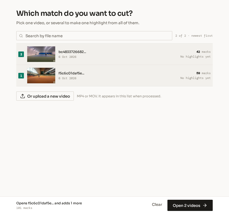 The start page of the highlight editor with two videos selected. The first has the number 1 and 59 marks, the second has the number 2 and 42 marks, and the button says "Open 2 videos".