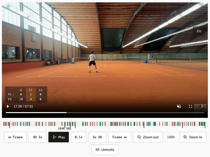 The video player paused at 17:28 of a club match, on a forehand mark. Under the video the speed button says 0.1x, with a Frame button at each end of the row, Zoom out and Zoom in at 100%, and an Unmute button.